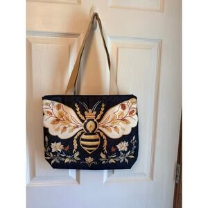 Golden Beehive Canvas Tote Bag Adorned with Golden Flowers And Bees,NEW